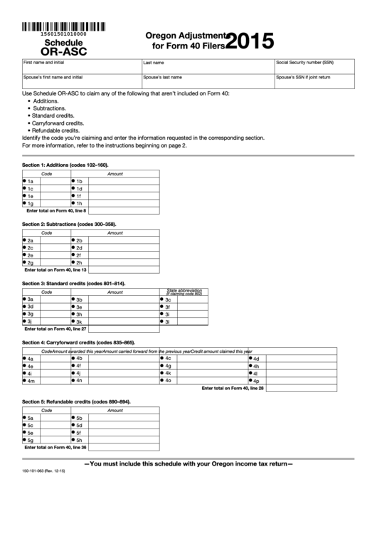 Fillable Form Or-Asc - Oregon Adjustments For Form 40 Filers Printable pdf