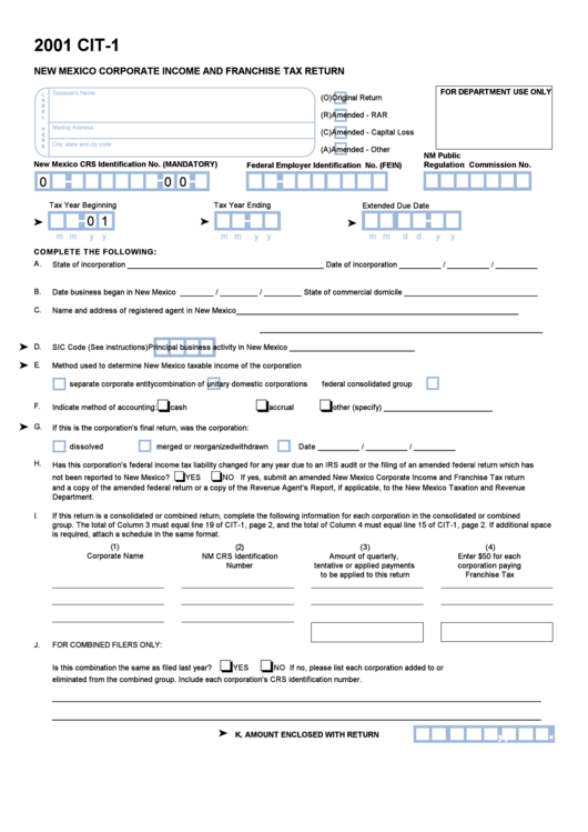 Form Cit-1 - New Mexico Corporate Income And Franchise Tax Return - 2001 Printable pdf