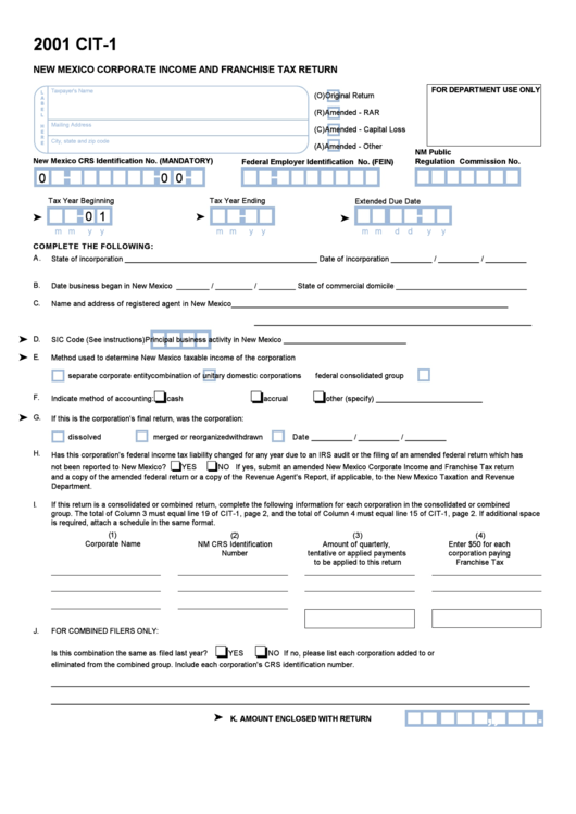 Form Cit 1 New Mexico Corporate Income And Franchise Tax Return 