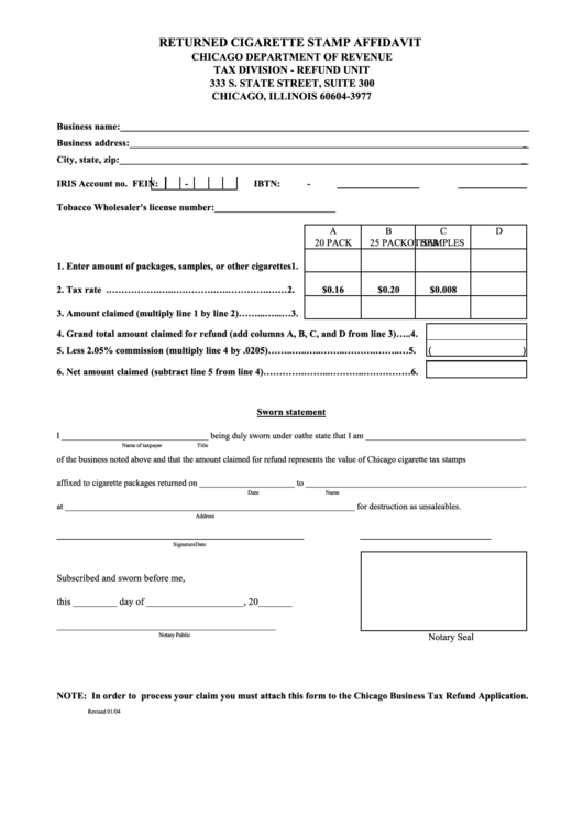 Returned Cigarette Stamp Affidavit Form Printable pdf