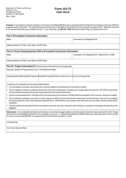 Form Au-72 - Cash Bond - Department Of Revenue Services Of State Of Connecticut Printable pdf