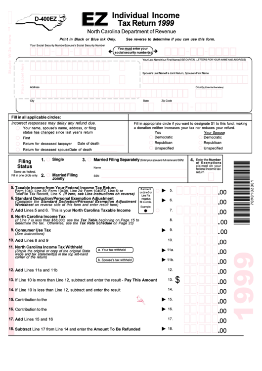 Form D-400ez -1999 - Individual Income Tax Return Printable pdf