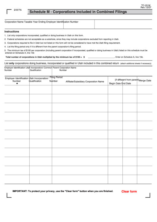 Fillable Form Tc-20 M - Schedule M - Corporations Included In Combined Filings Printable pdf