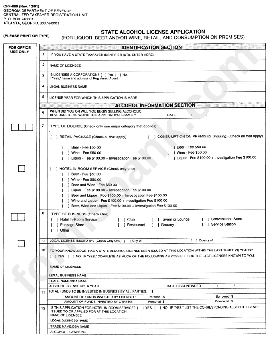 State Alcohol License Application Form - 1991