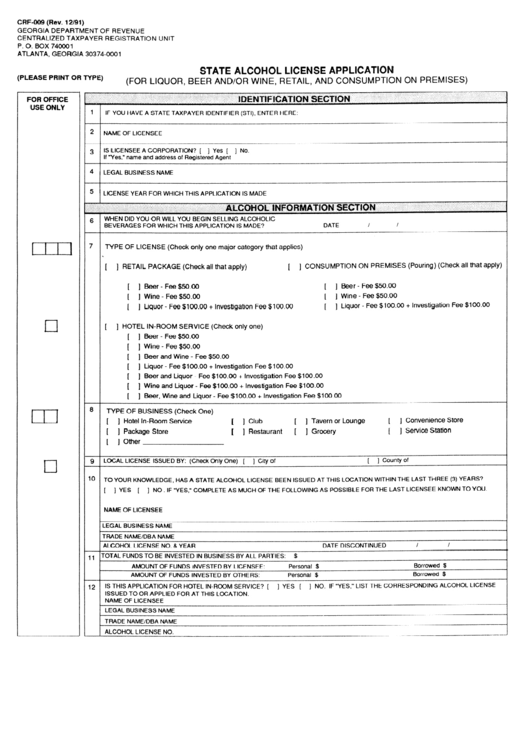 State Alcohol License Application Form - 1991 Printable pdf