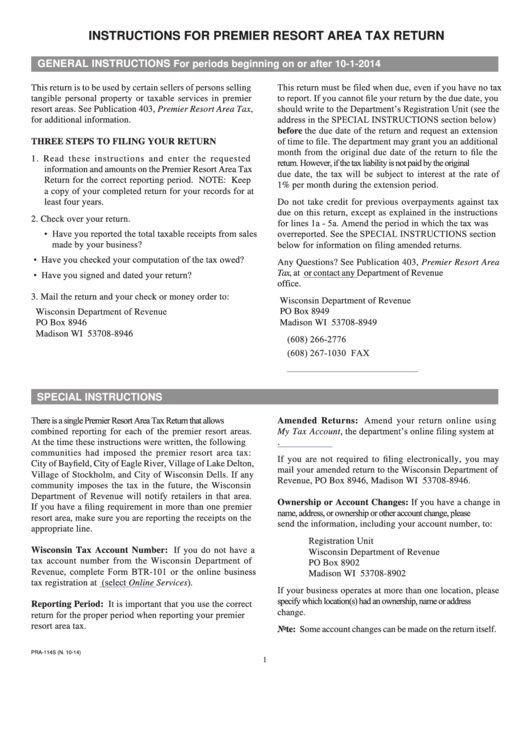 Form Pra-114s - Instructions For Premier Resort Area Tax Return - 2014 Printable pdf