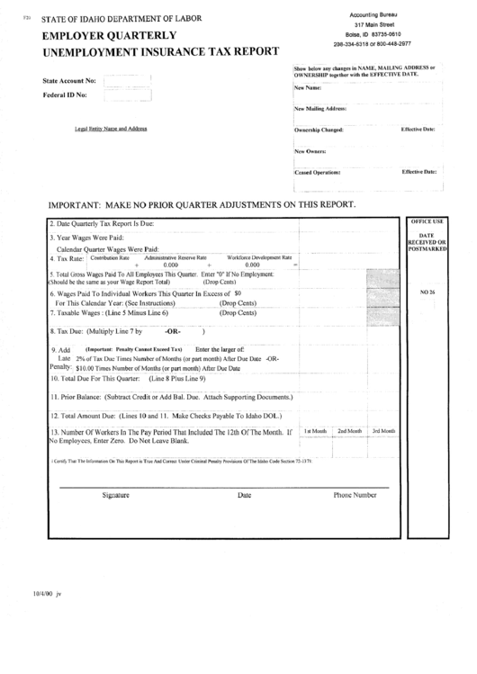 Employer Quarterly Unemployment Insurance Tax Report Form - 2000 Printable pdf