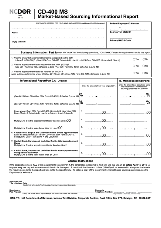 Form Cd-400 Ms - Market-Based Sourcing Informational Report Printable pdf