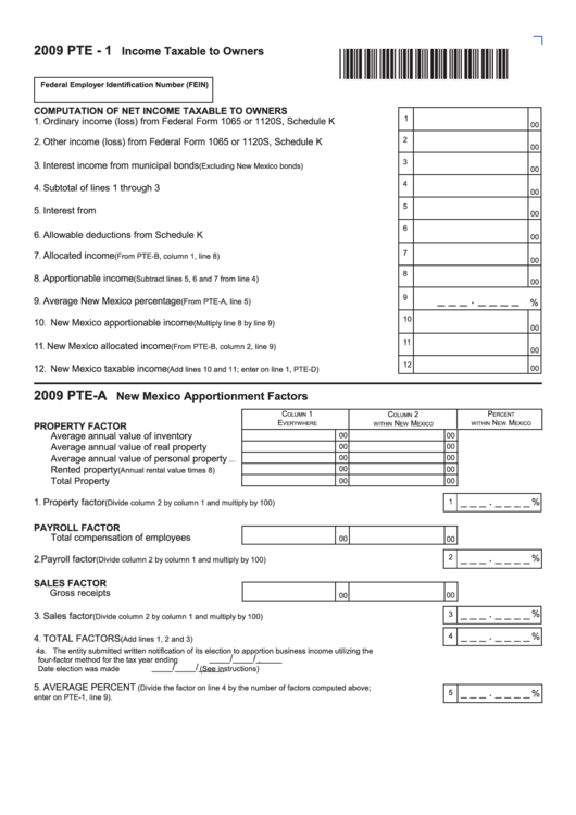 Form Pte-1 - Income Taxable To Owners - 2009 Printable pdf