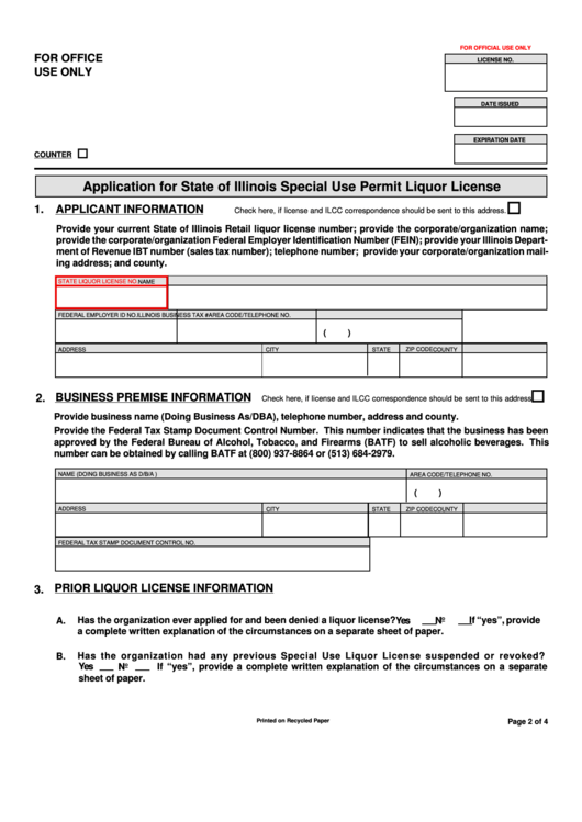 Application Form For State Of Illinois Special Use Permit Liquor License Printable pdf