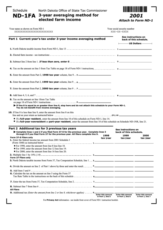 Form Nd-1fa - 3-Year Averaging Method For Elected Farm Income Printable pdf