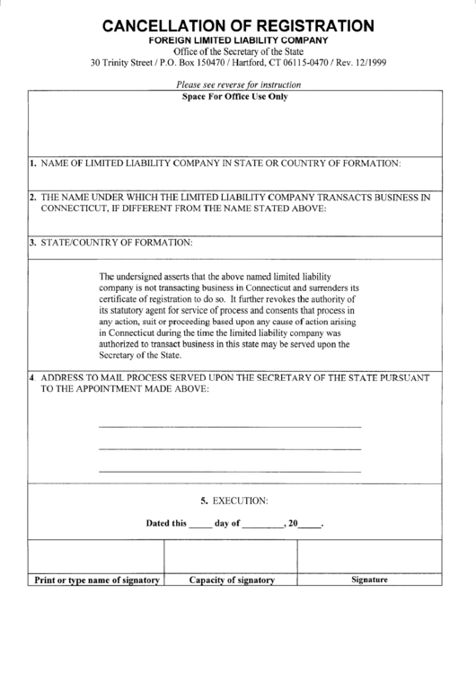 Cancellation Of Registration Form - Foreign Limited Liability Company - Office Of The Secretary Of The State Of Connecticut Printable pdf