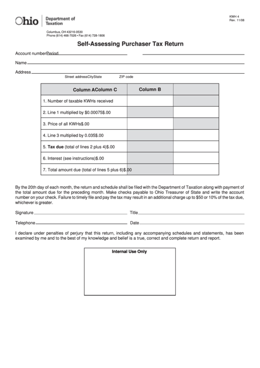 Form Kwh 4 - Self-Assessing Purchaser Tax Return Form - Department Of Taxation - Ohio Printable pdf