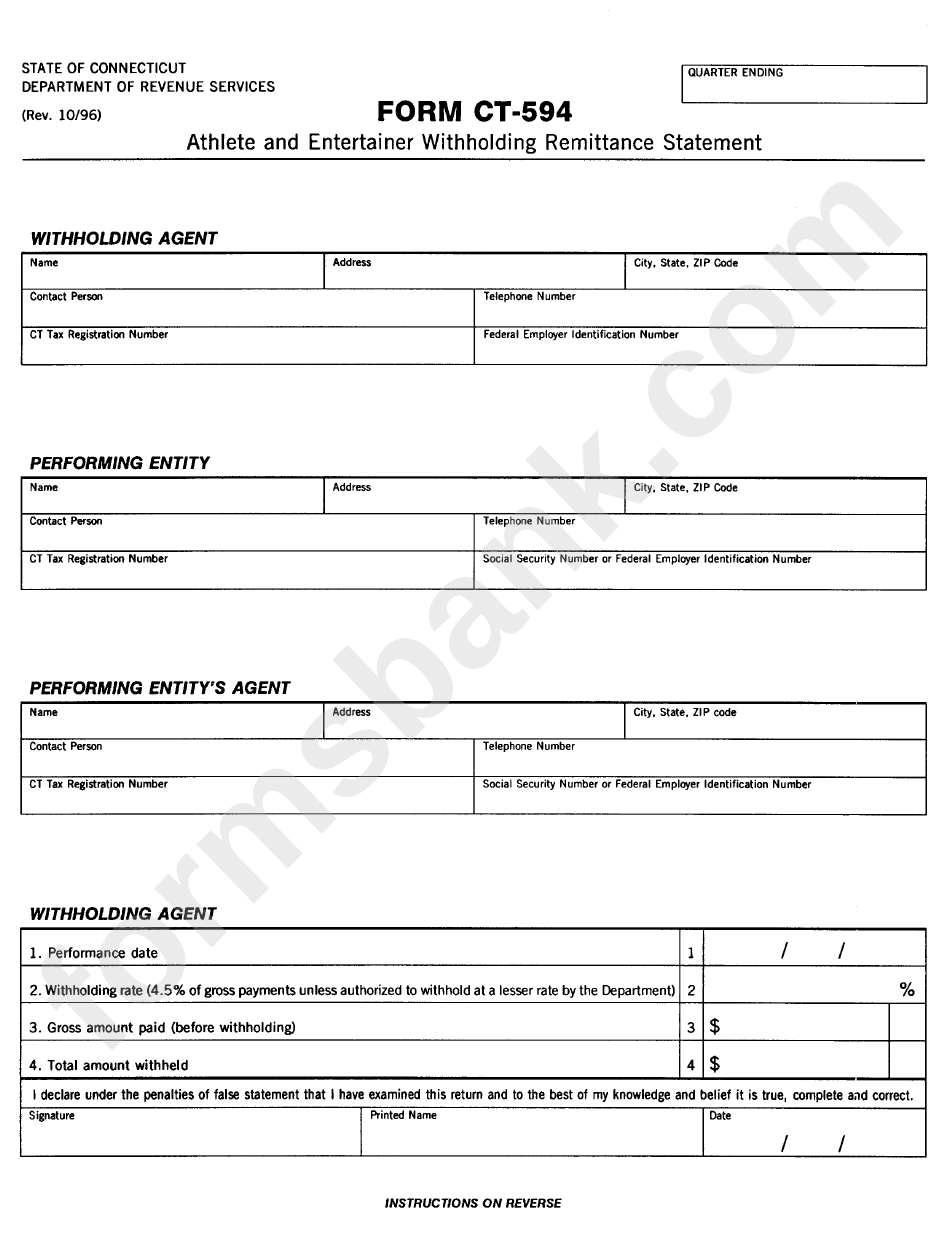 Form Ct-594 - Athlete And Entertainer Withholding Remittance Statement - Department Of Revenue Services Of State Of Connecticut