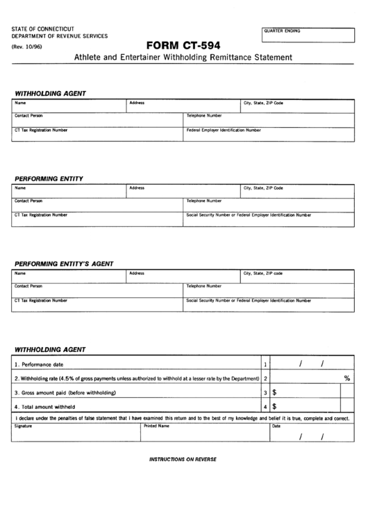 Form Ct-594 - Athlete And Entertainer Withholding Remittance Statement - Department Of Revenue Services Of State Of Connecticut Printable pdf