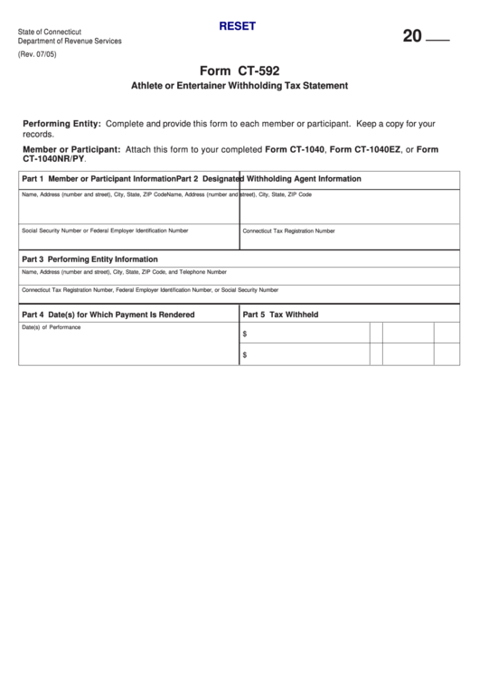 Fillable Form Ct-592 - Athlete Or Entertainer Withholding Tax Statement - Department Of Revenue Services Of State Of Connecticut Printable pdf