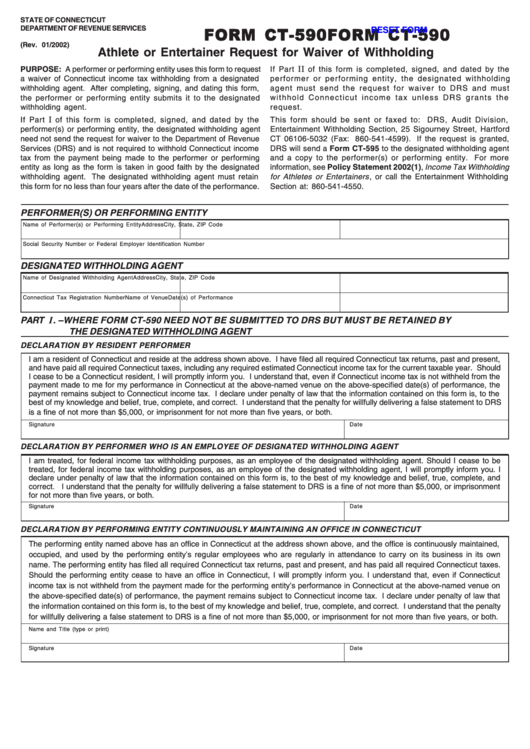 Fillable Form Ct-590 - Athlete And Entertainer Request For Walver Of Withholding - Department Of Revenue Services Of State Of Connecticut Printable pdf
