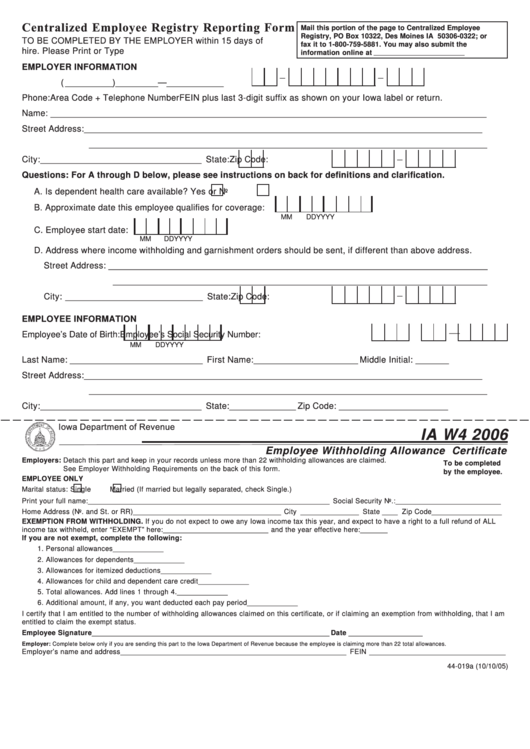 Fillable Form Ia W4 - Employee Withholding Allowance Certificate - 2006 Printable pdf