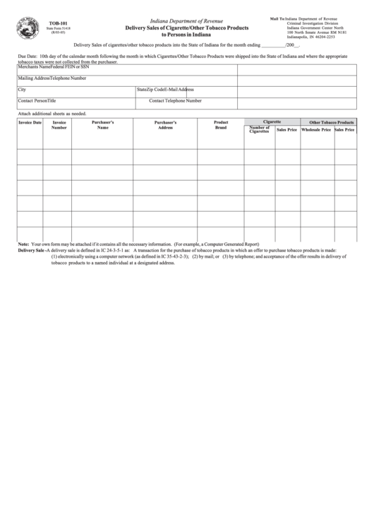 Fillable Form Tob-101 - Delivery Sales Of Cigarette/other Tobacco Products To Persons In Indiana Form - Indiana Department Of Revenue Printable pdf