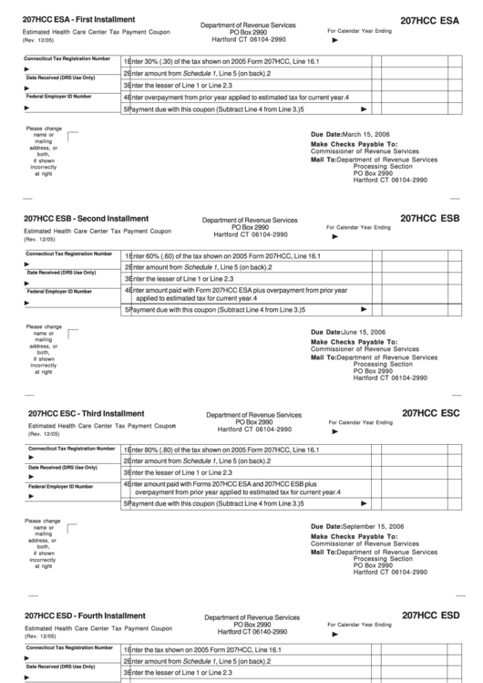 Form 207hcc Esa - First Installment - Estimated Health Care Center Tax Payment Coupon - Department Of Revenue Services Of State Of Connecticut Printable pdf