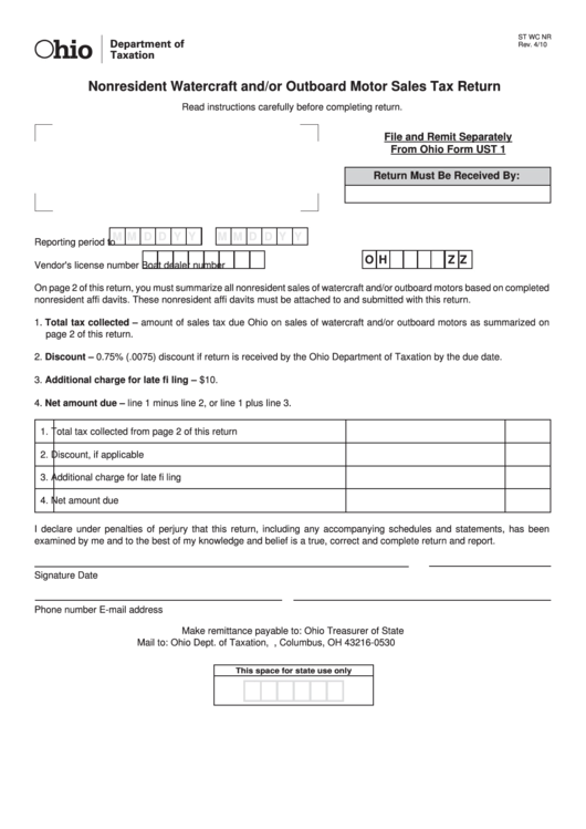 Form St Wc Nr - Nonresident Watercraft And/or Outboard Motor Sales Tax Return Printable pdf