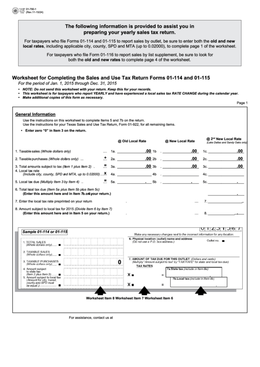 Fillable Form 01-790-1, 01-790-4 - Worksheet For Completing The Sales And Use Tax Return Forms Printable pdf