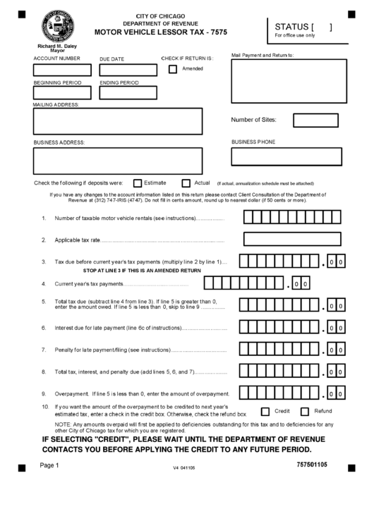 Form 7575 - Motor Vehicle Lessors Tax - City Of Chicago Department Of Revenue - Illinois Printable pdf