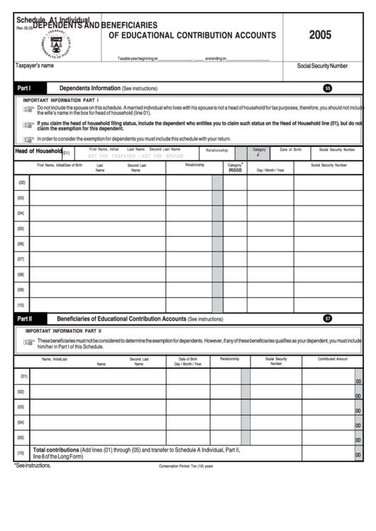 Schedule A1 Individual - Dependents And Beneficiaries Of Educational Contribution Accounts - 2005 Printable pdf