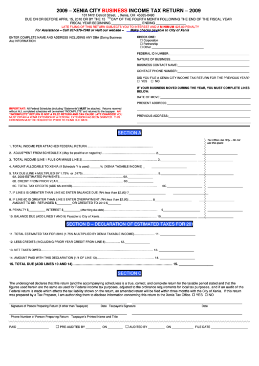 Form R-B - Business Income Tax Return - 2009 Printable pdf