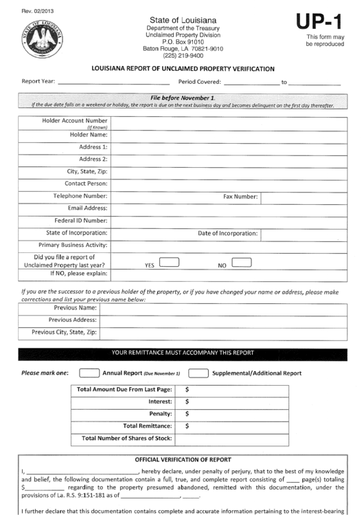 Form Up-1 - Louisiana Report Of Unclaimed Property Verification Form - Department Of The Treasury Printable pdf