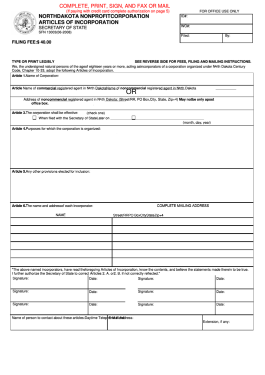 Fillable Form Sfn 13003 - North Dakota Nonprofit Corporation Articles Of Incorporation Printable pdf