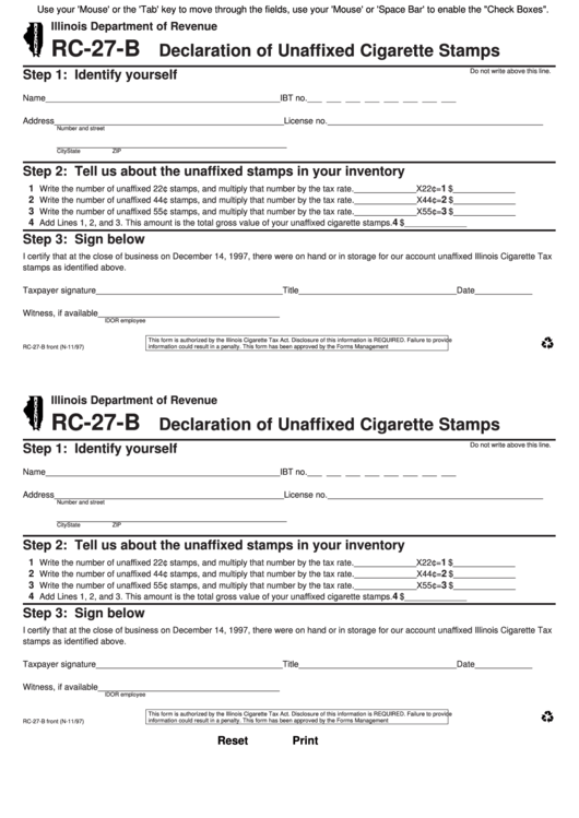 Fillable Form Rc-27-B - Declaration Of Unaffixed Cigarette Stamps Printable pdf
