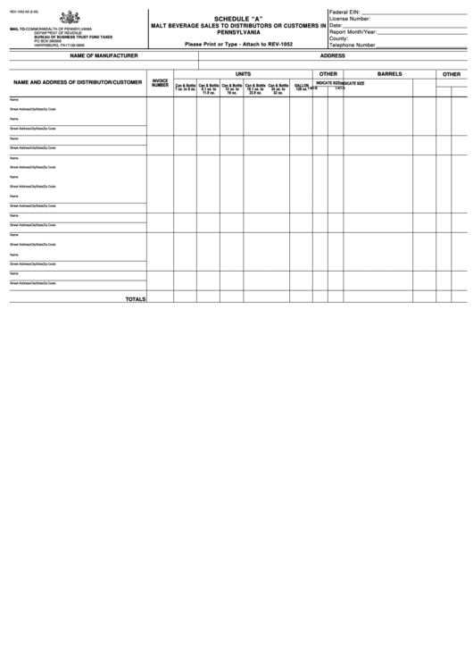 Form Rev-1053 As - Schedule "A" Malt Beverage Sales To Distributors Or Customers In Pa (Rev-1053) Printable pdf