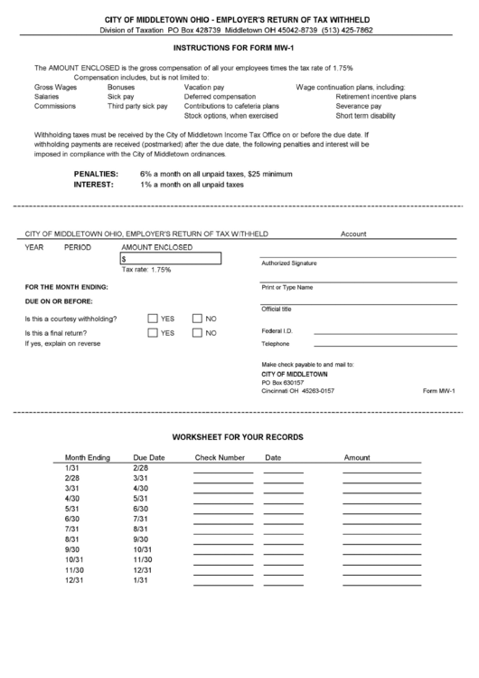 Form Mw 1 Mw 2 Mw 3 Employer S Return Of Tax Withheld City Of Middletown Ohio Printable