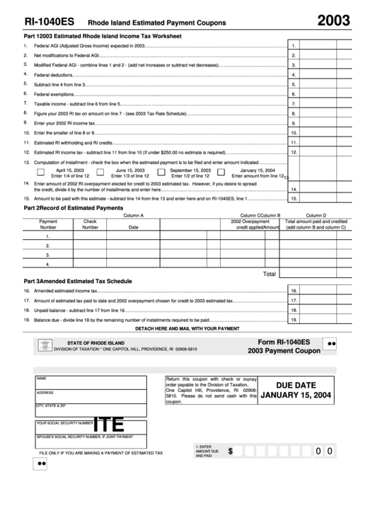 Form Ri-1040es - Rhode Island Estimated Payment Coupons Printable pdf