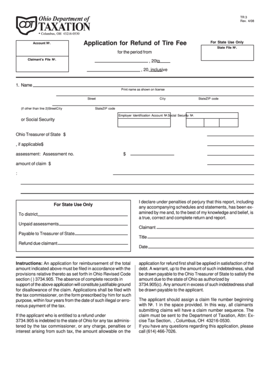 Form Tr 3 - Application For Refund Of Tire Fee Printable pdf