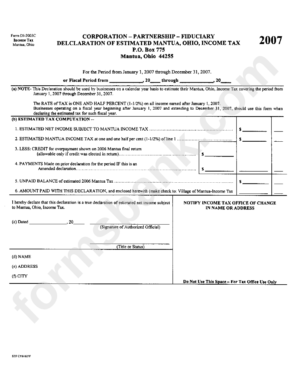 Form Di-2003c - Corporation - Partnership - Fiduciary Declaration Of Estimated Mantua, Ohio Income Tax 2007