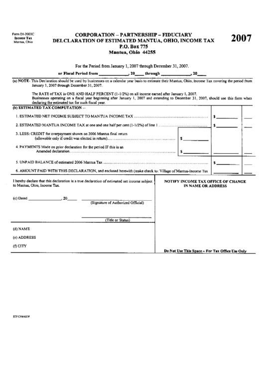 Form Di-2003c - Corporation - Partnership - Fiduciary Declaration Of Estimated Mantua, Ohio Income Tax 2007 Printable pdf