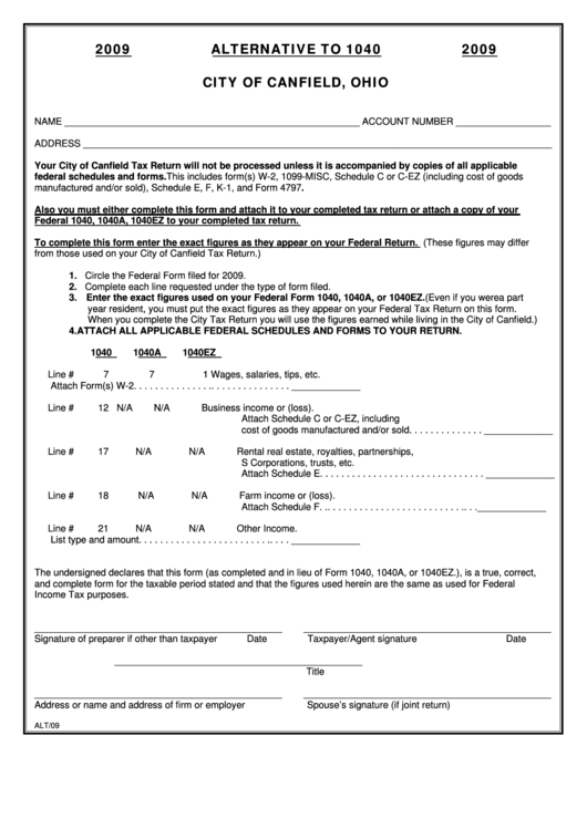 Fillable Form Alt - Alternative T0 1040 - City Of Canfield - 2009 Printable pdf