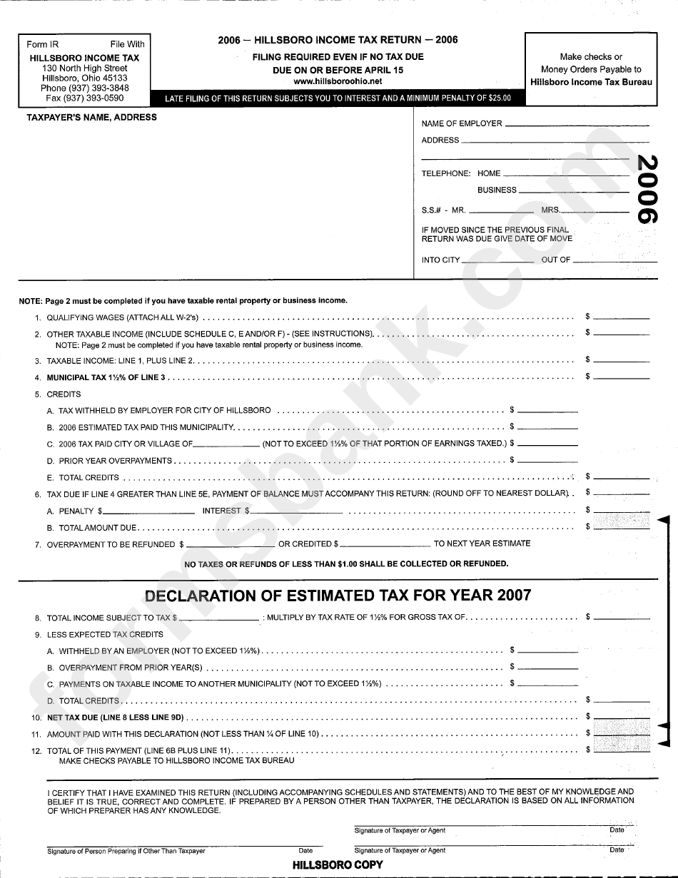 Form Ir - Hillsboro Income Tax Return 2006 (Expired)