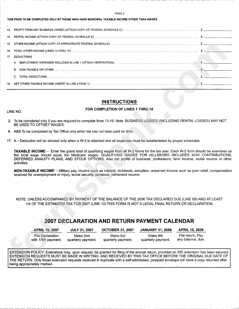 Form Ir - Hillsboro Income Tax Return 2006 (Expired)