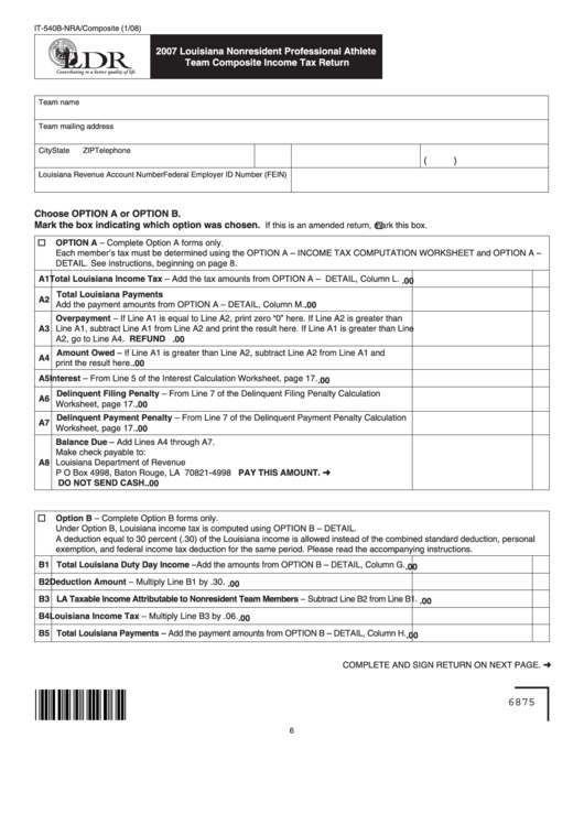 Fillable Form It-540b-Nra - Team Composite Income Tax Return January 2008 Printable pdf