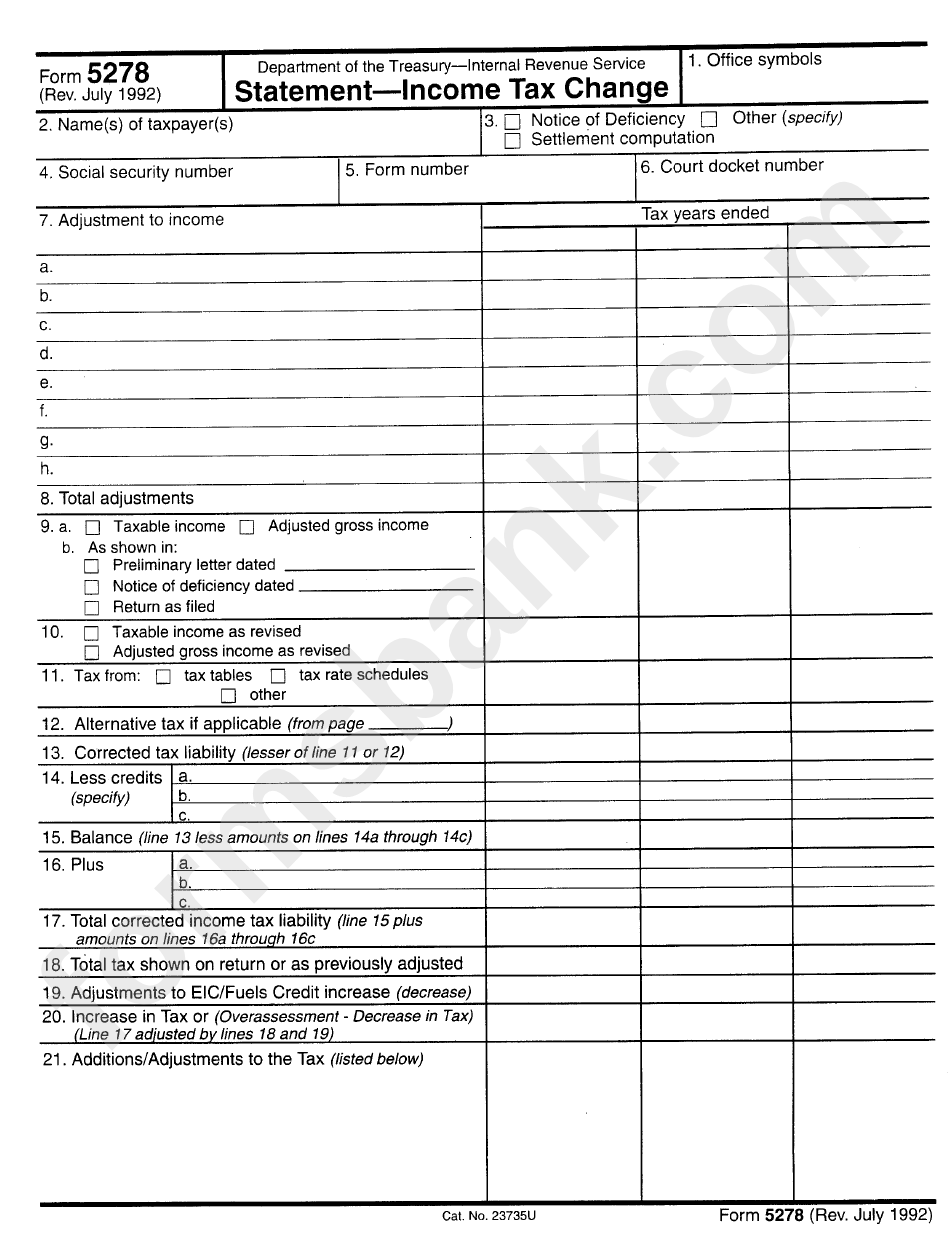 Form 5278 - Statement - Income Tax Change - Department Of The Treasury