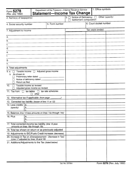 Form 5278 - Statement - Income Tax Change - Department Of The Treasury Printable pdf