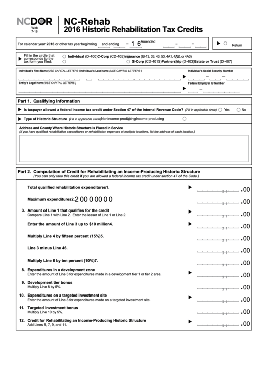 Form Nc-Rehab - Historic Rehabilitation Tax Credits - 2016 Printable pdf