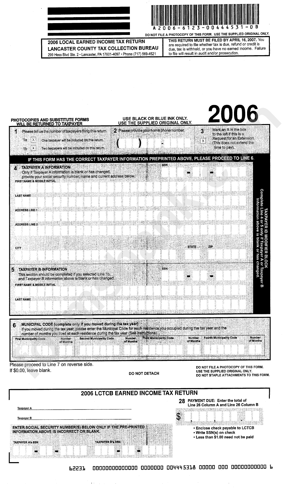 Local Earned Income Tax Return Form 2006 - Lancaster County Tax