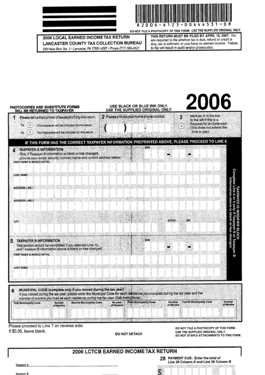 Local Earned Income Tax Return Form 2006 - Lancaster County Tax Collection Bureau (Expired) Printable pdf