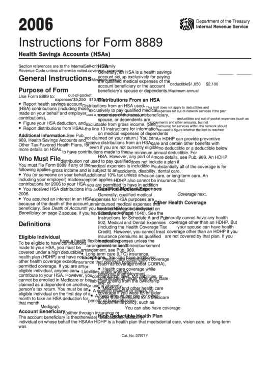 Instructions For Form 8889 - Health Savings Accounts - 2006 Printable pdf