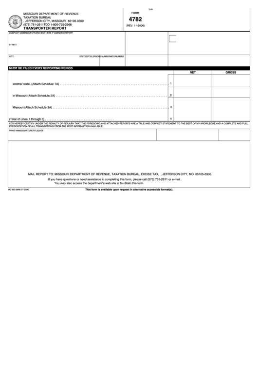 Fillable Form 4782 - Transporter Report Printable pdf