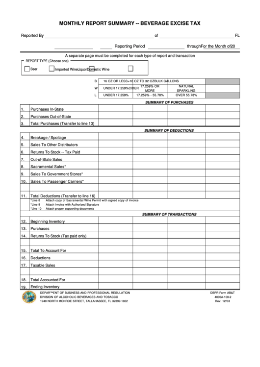 Dbpr Form Ab&t 4000a-100-2 - Monthly Report Summary - Beverage Excise Tax - Department Of Business And Professional Regulation - Florida Printable pdf